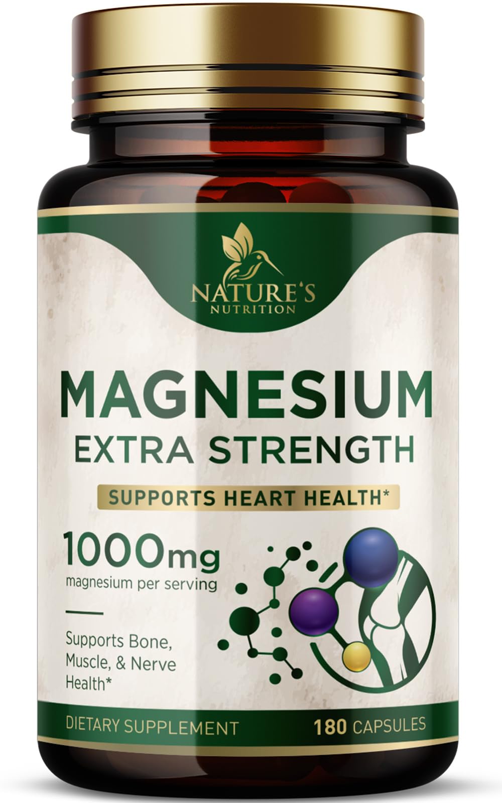 Magnesium Supplement (Citrate Oxide) 1000mg Chelated for Best Absorption Supports Bone Heart Health Nerves Muscles & Metabolism Natures Pure Magnesio Vitamin Pills Bottled in USA 180 Capsules