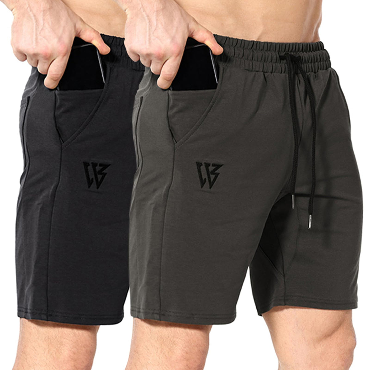 ZENWILL Mens Gym Running Shorts Workout Athletic Bodybuilding Fitness Shorts with Zip Pockets (MediumBlack/Olive Gray)