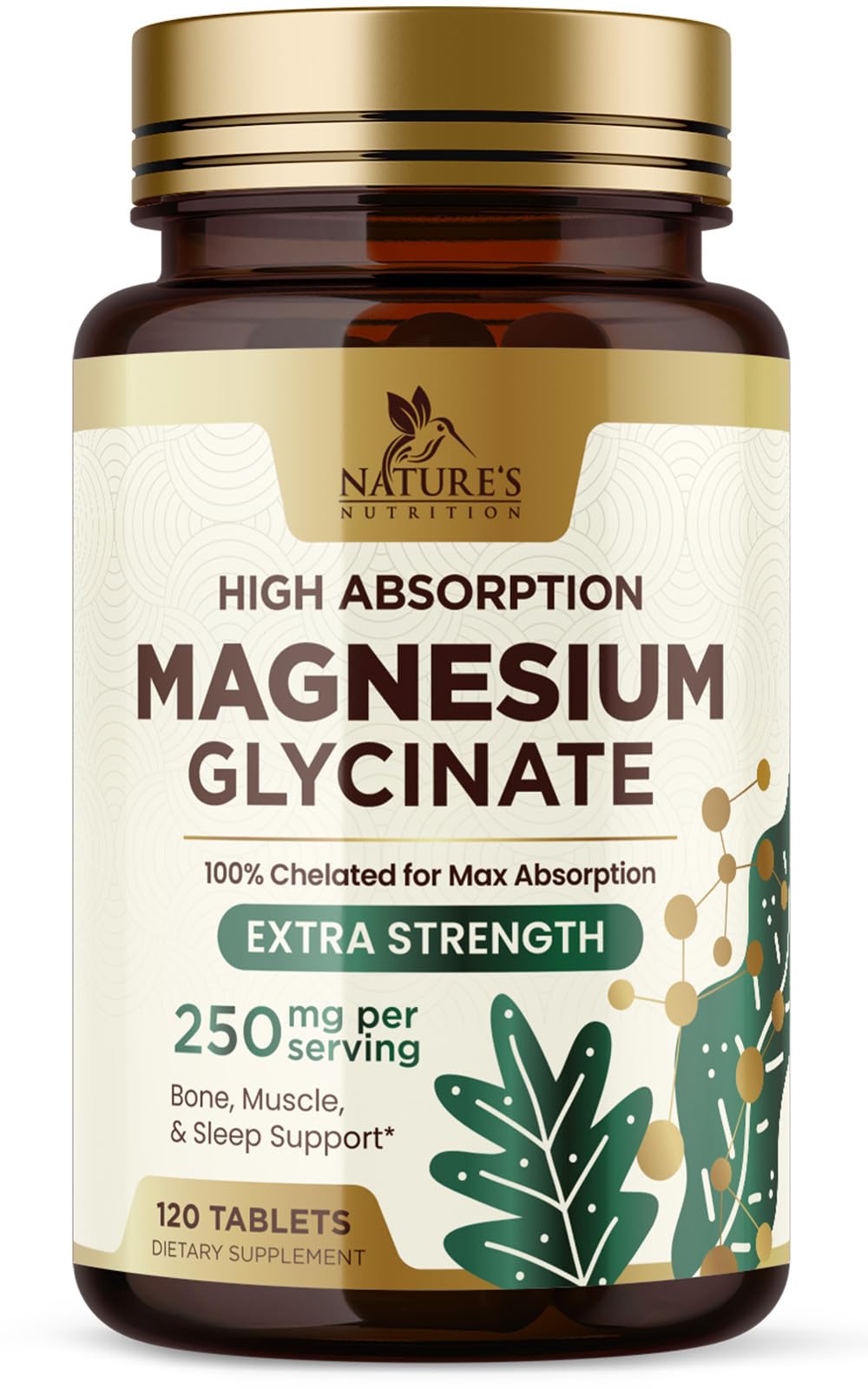 Magnesium Glycinate 250 mg - 100% Chelated Magnesium Supplement High Absorption Magnesium 250mg for Muscle Heart Bone & Nerve Health Support Gluten Free Vegan Non-GMO 120 Count Magnesio Glycinate
