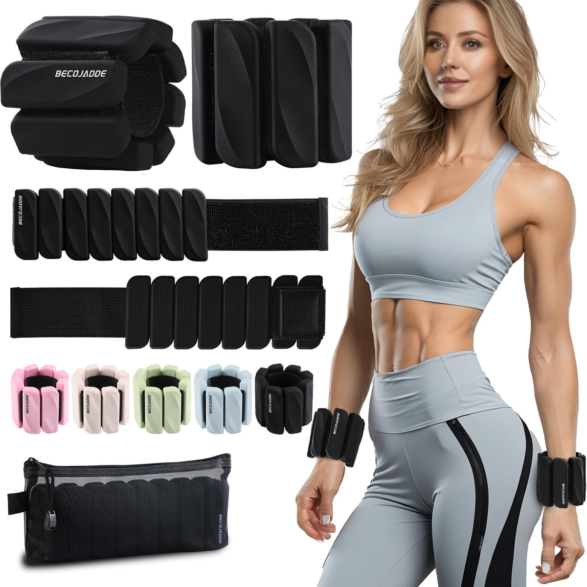 BECOJADDE Ankle Weights for Women Men Adjustable 1LB Wrist Weights Bracelet Set of 2 for Home Gym Weighted Bangles Wristbands Leg Arm Weights for Walking Swimming Running Pilates Yoga Gym Black