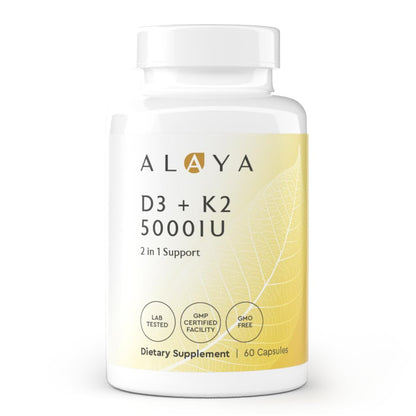Alaya Naturals - Vitamin D3 + K2-5000 IU of D3 50 mcg K and 15 mcg K2