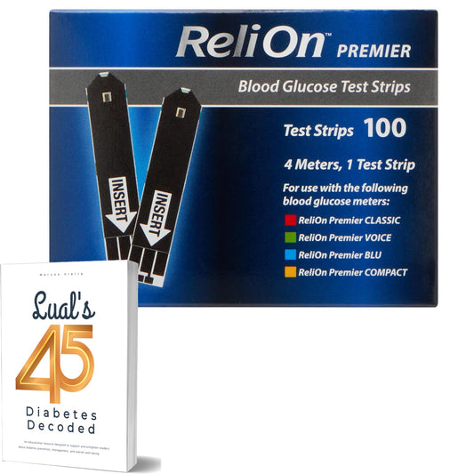 ReliOn Premier Test Strips 100 Count | Reli On Premier Blood Glucose Test Strips | Diabetes Test Strips | Tiras para Medir la Glucosa + Luals 45 Diabetes Decoded